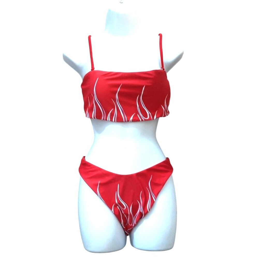 Womens Red Bikini Set Flame Print & Lace-Up Back By Zaful Med/ 6 Pool Beach Sexy